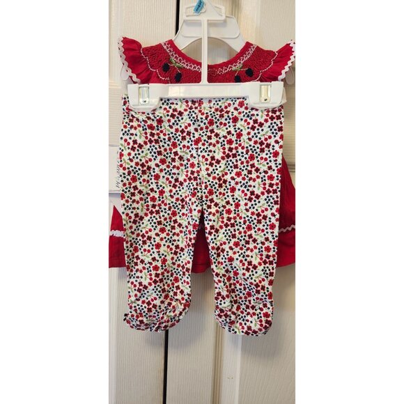 New Baby Girl Hartstrings Smocked Ric Rac Red Cherry Floral Top Pants Set 6/9 M - Picture 5 of 7